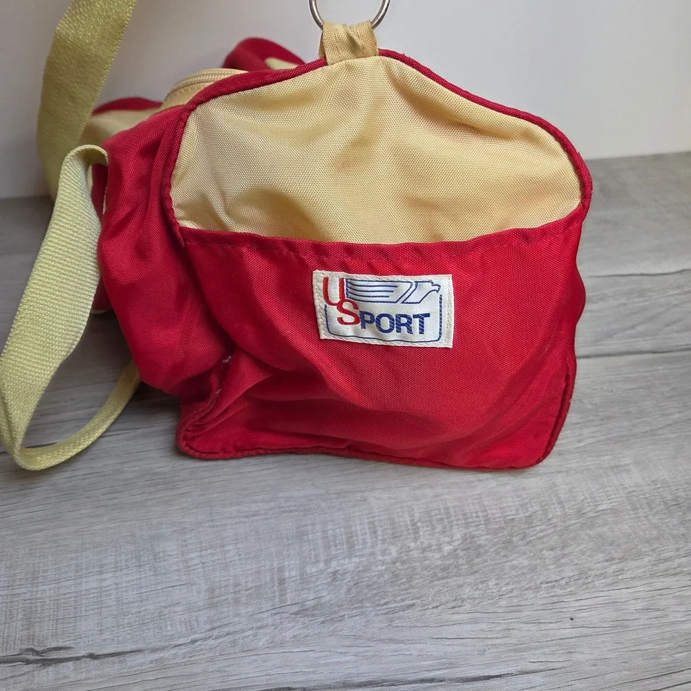 Vintage US Sport Red Nylon Duffel Bag Gym Travel Weekender Tan Straps 80s Korea